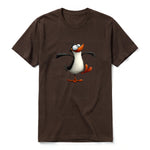 A chocolate short-sleeve crewneck t-shirt for adult featuring a graphic of a quirky bird on the front.