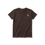 A chocolate short-sleeve crewneck t-shirt for youth featuring a graphic of a quirky bird on the left chest.