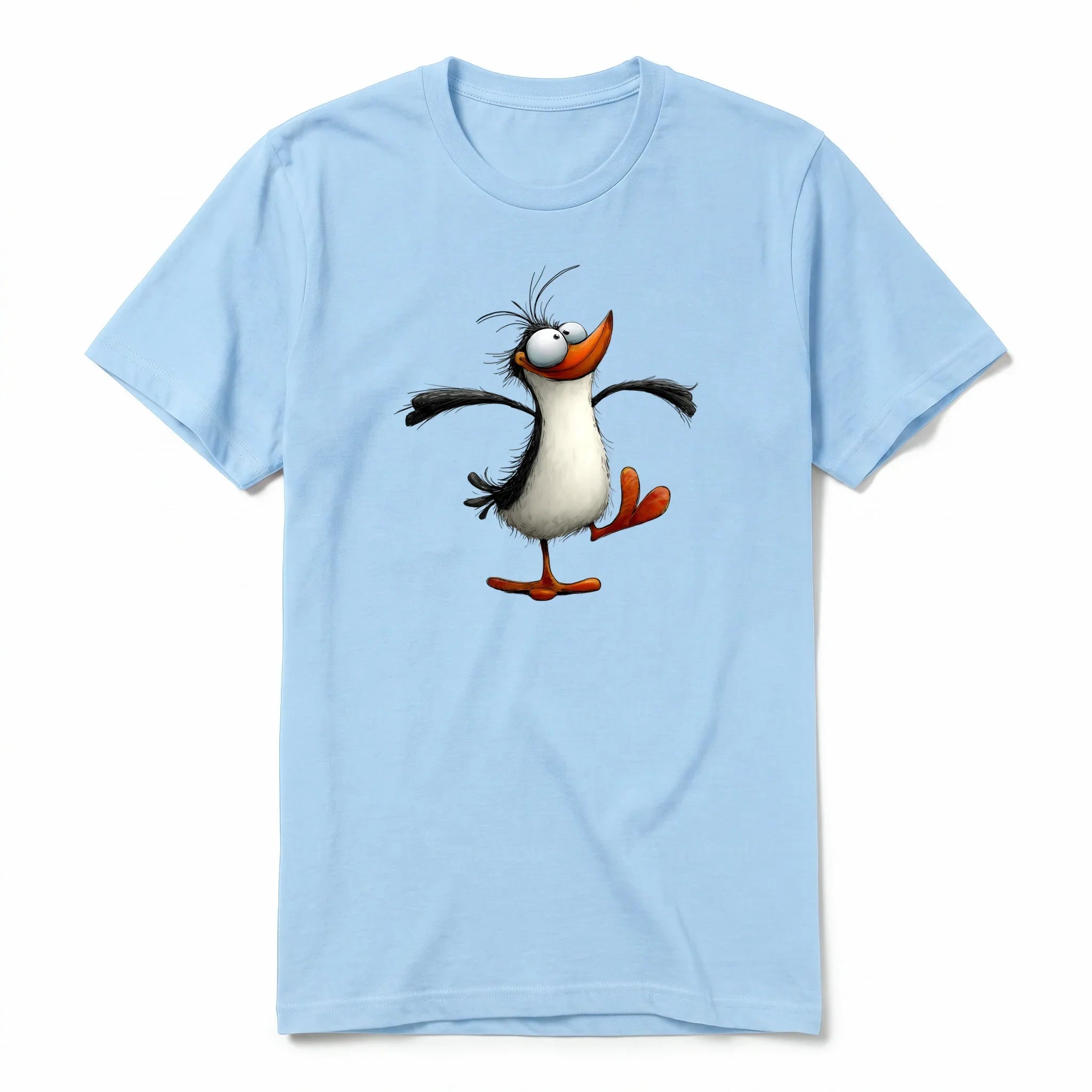 A powder short-sleeve crewneck t-shirt for adult featuring a graphic of a quirky bird on the front.