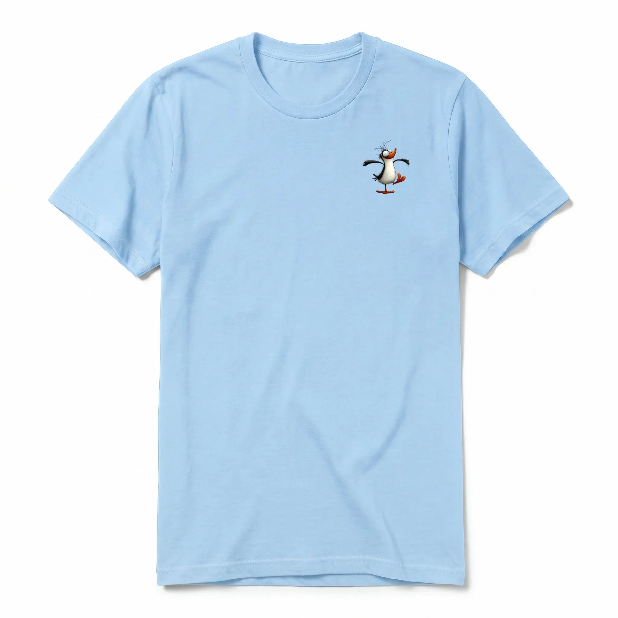 A powder short-sleeve crewneck t-shirt for adult featuring a graphic of a quirky bird on the left chest.
