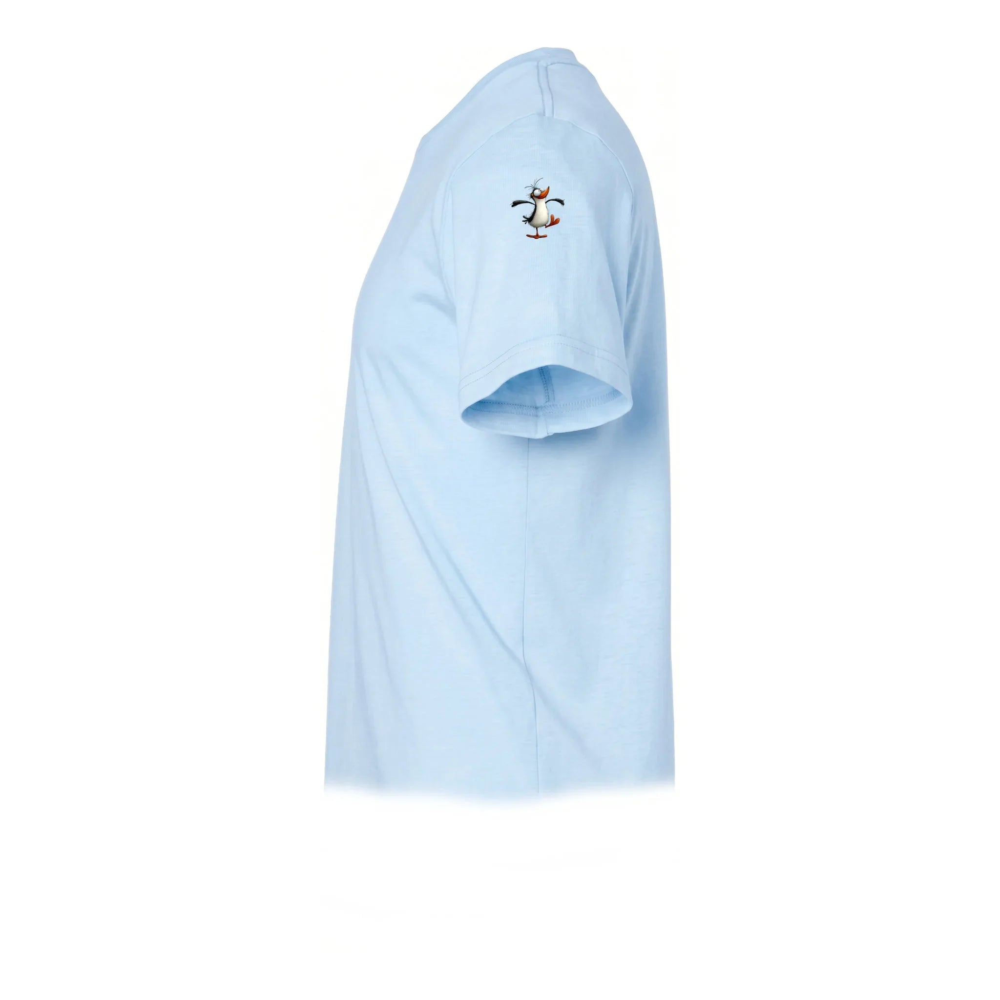A powder short-sleeve crewneck t-shirt  featuring a small graphic of a quirky bird on the upper left sleeve.