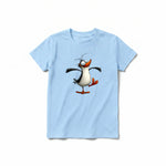A powder short-sleeve crewneck t-shirt for youth featuring a graphic of a quirky bird on the front.