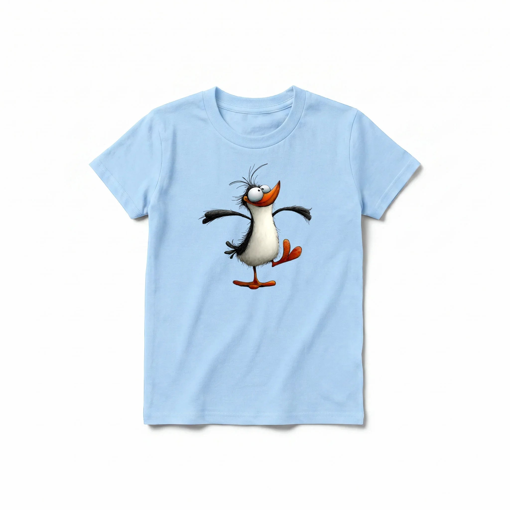 A powder short-sleeve crewneck t-shirt for youth featuring a graphic of a quirky bird on the front.