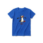 A royal short-sleeve crewneck t-shirt for youth featuring a graphic of a quirky bird on the front.