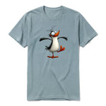 A sage short-sleeve crewneck t-shirt for adult featuring a graphic of a quirky bird on the front.