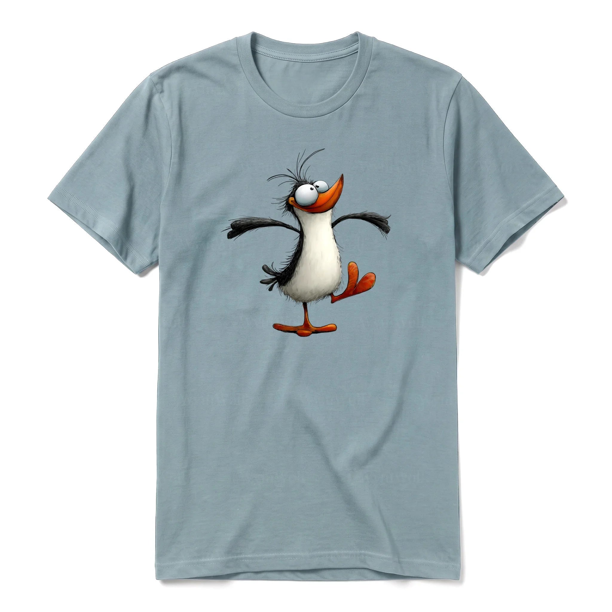 A sage short-sleeve crewneck t-shirt for adult featuring a graphic of a quirky bird on the front.