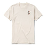 A vintage-white short-sleeve crewneck t-shirt for adult featuring a graphic of a quirky bird on the left chest.