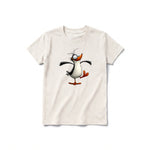 A vintage-white short-sleeve crewneck t-shirt for youth featuring a graphic of a quirky bird on the front.