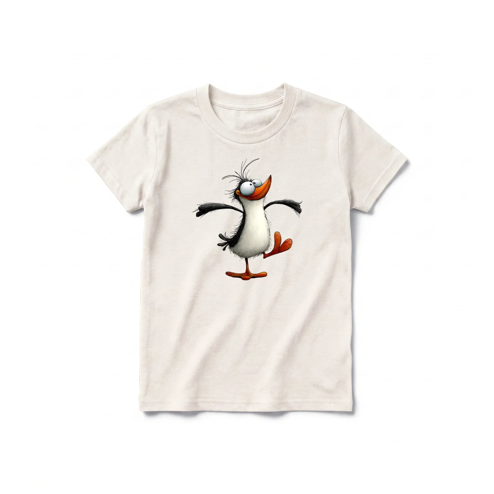 A vintage-white short-sleeve crewneck t-shirt for youth featuring a graphic of a quirky bird on the front.