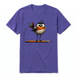 A purple short-sleeve crewneck t-shirt for adult featuring a graphic of a quirky bird on the front.