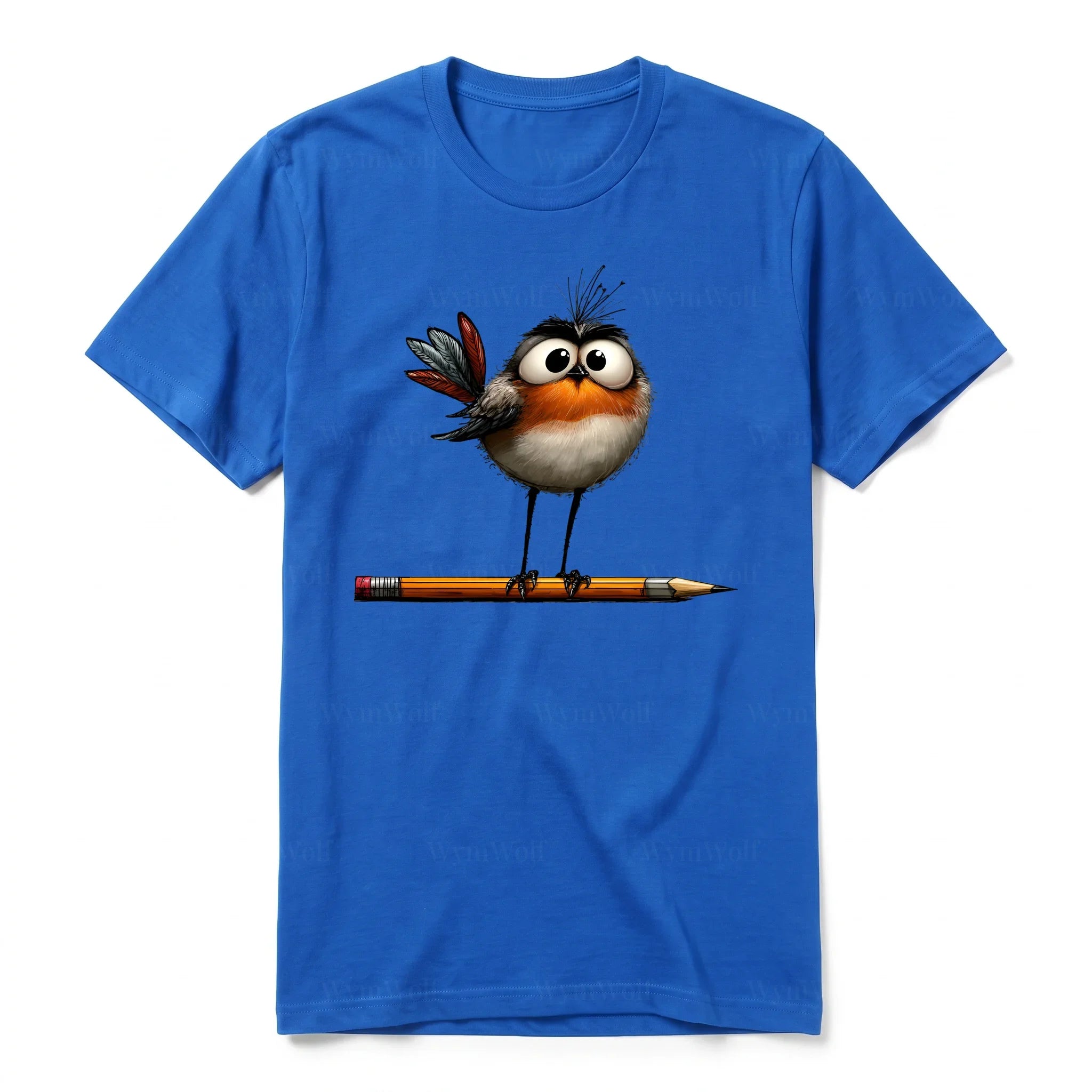 A royal short-sleeve crewneck t-shirt for adult featuring a graphic of a quirky bird on the front.