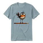 A sage short-sleeve crewneck t-shirt for adult featuring a graphic of a quirky bird on the front.