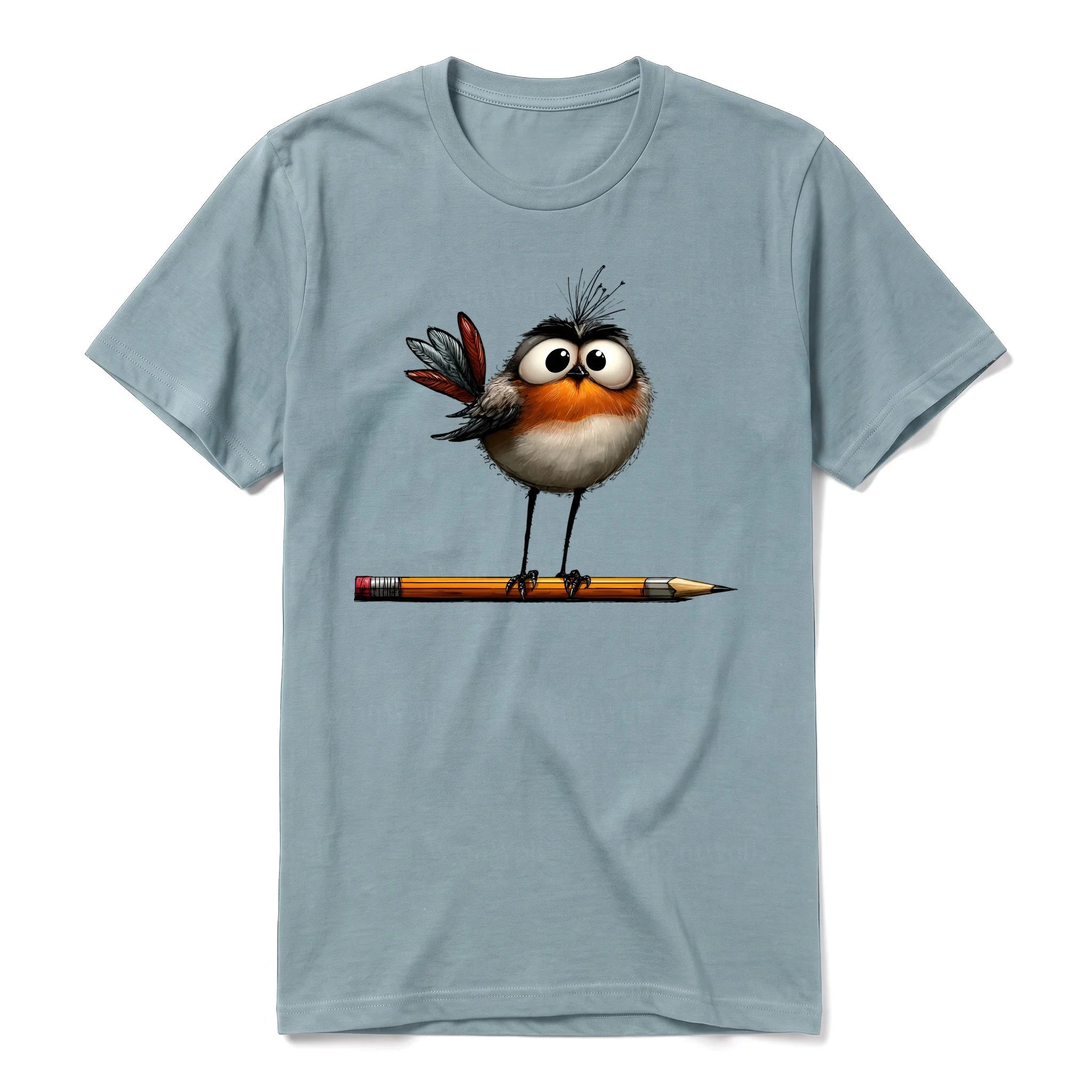 A sage short-sleeve crewneck t-shirt for adult featuring a graphic of a quirky bird on the front.