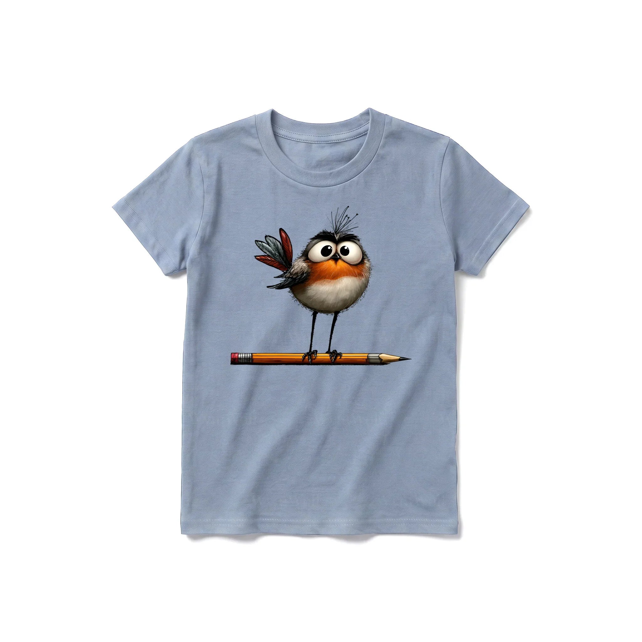 A steel-blue short-sleeve crewneck t-shirt for youth featuring a graphic of a quirky bird on the front.