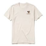 A vintage-white short-sleeve crewneck t-shirt for adult featuring a graphic of a quirky bird on the left chest.