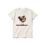 A vintage-white short-sleeve crewneck t-shirt for youth featuring a graphic of a quirky bird on the front.