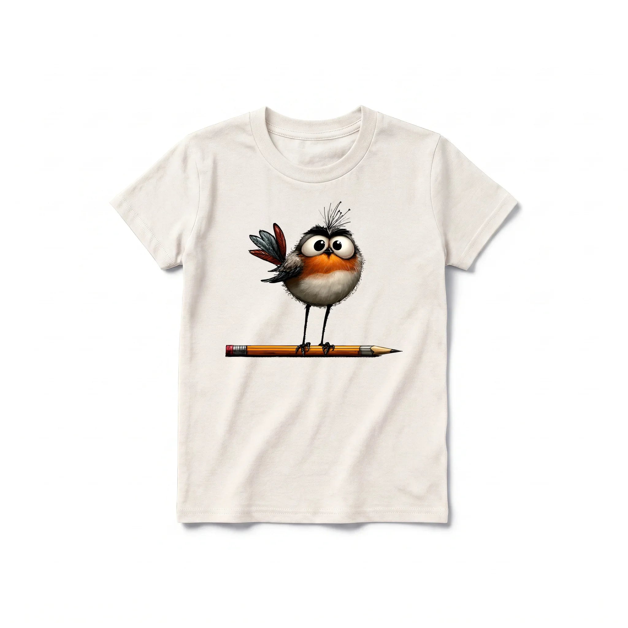 A vintage-white short-sleeve crewneck t-shirt for youth featuring a graphic of a quirky bird on the front.