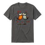A charcoal short-sleeve crewneck t-shirt for adult featuring a graphic of a quirky bird on the front.