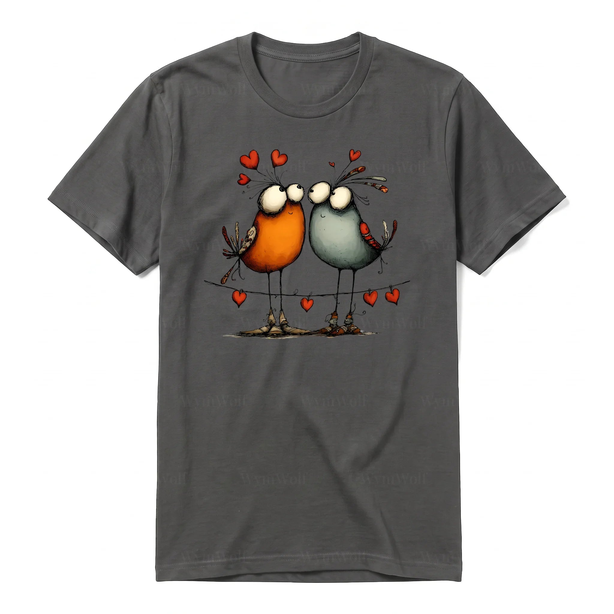 A charcoal short-sleeve crewneck t-shirt for adult featuring a graphic of a quirky bird on the front.
