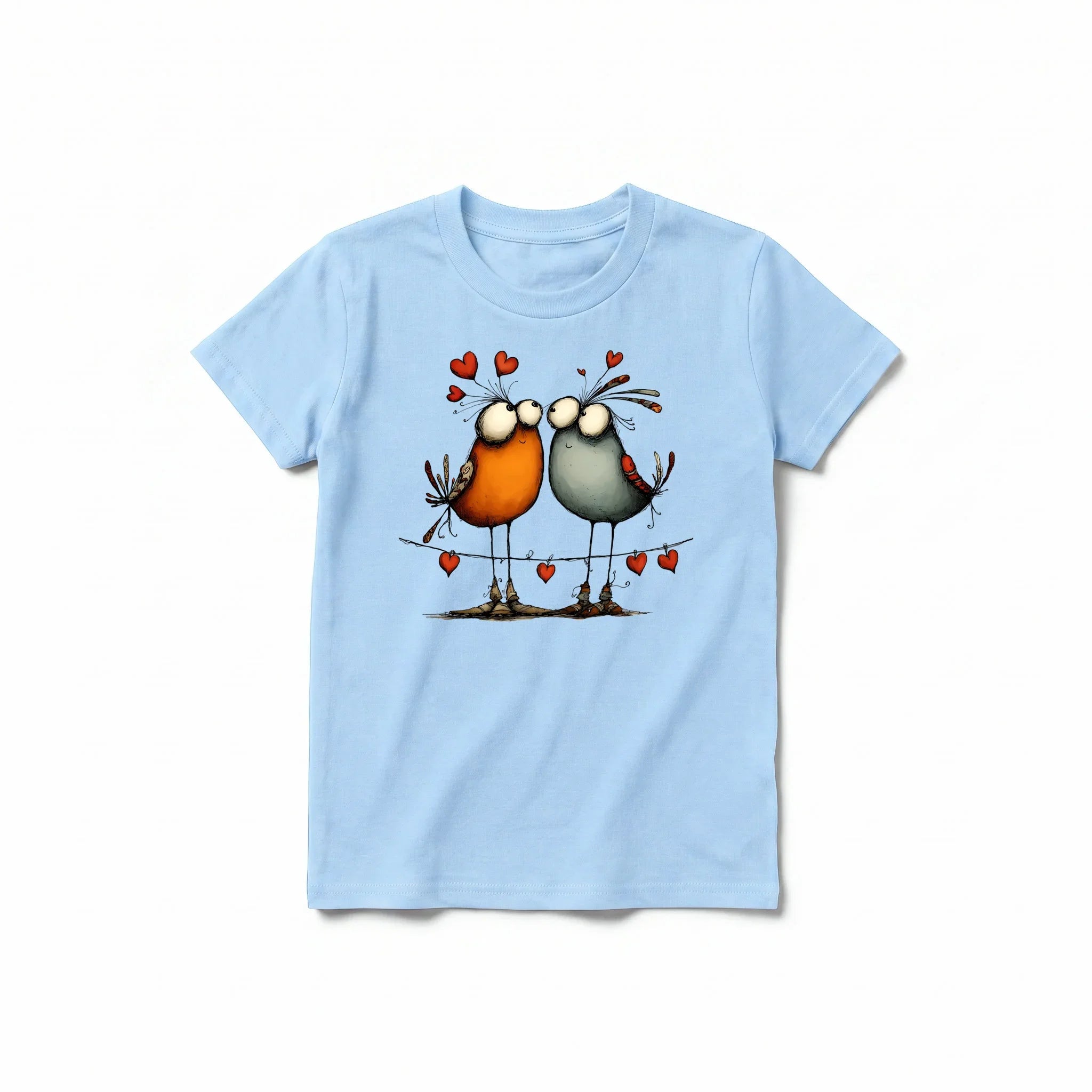 Un T-shirt poudre à manches courtes et col rond pour jeune, orné d'un motif représentant un oiseau excentrique sur le devant.
