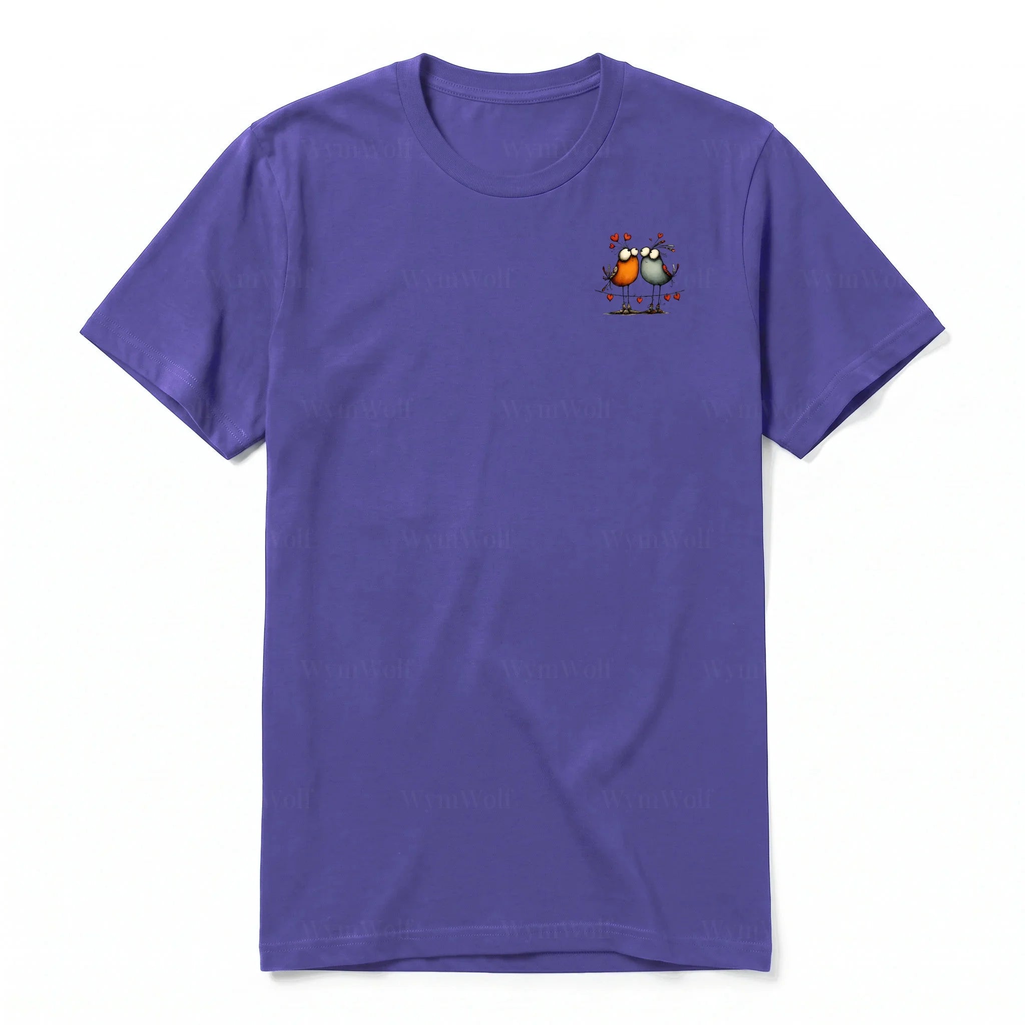 A purple short-sleeve crewneck t-shirt for adult featuring a graphic of a quirky bird on the left chest.