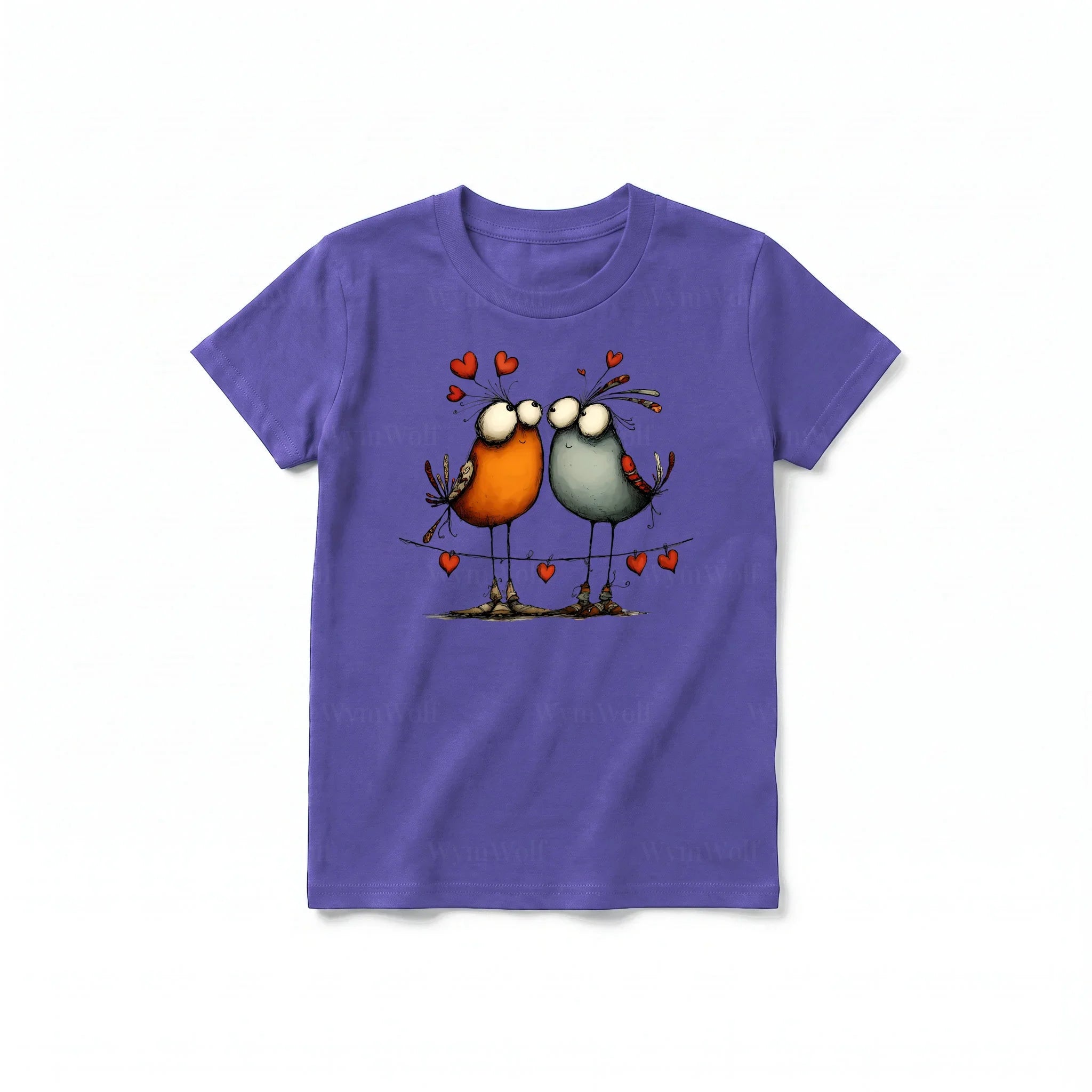 A purple short-sleeve crewneck t-shirt for youth featuring a graphic of a quirky bird on the front.