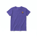 A purple short-sleeve crewneck t-shirt for youth featuring a graphic of a quirky bird on the left chest.