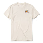 A vintage-white short-sleeve crewneck t-shirt for adult featuring a graphic of a quirky bird on the left chest.