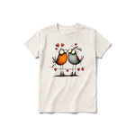 A vintage-white short-sleeve crewneck t-shirt for youth featuring a graphic of a quirky bird on the front.