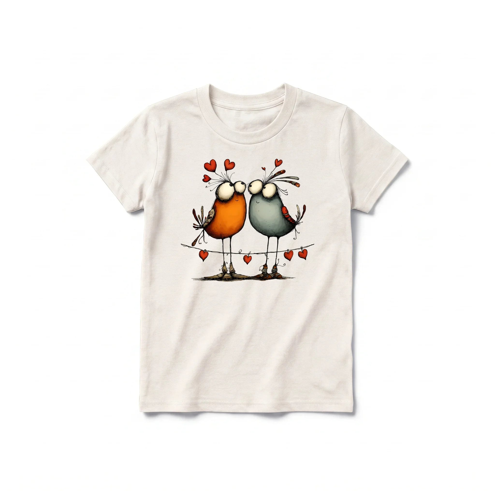 A vintage-white short-sleeve crewneck t-shirt for youth featuring a graphic of a quirky bird on the front.