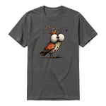 Un T-shirt charbon à manches courtes et col rond, orné d'un motif représentant un oiseau excentrique sur le devant.