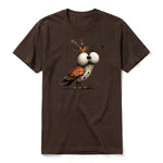 A chocolate short-sleeve crewneck t-shirt for adult featuring a graphic of a quirky bird on the front.
