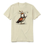 A latte short-sleeve crewneck t-shirt for adult featuring a graphic of a quirky bird on the front.