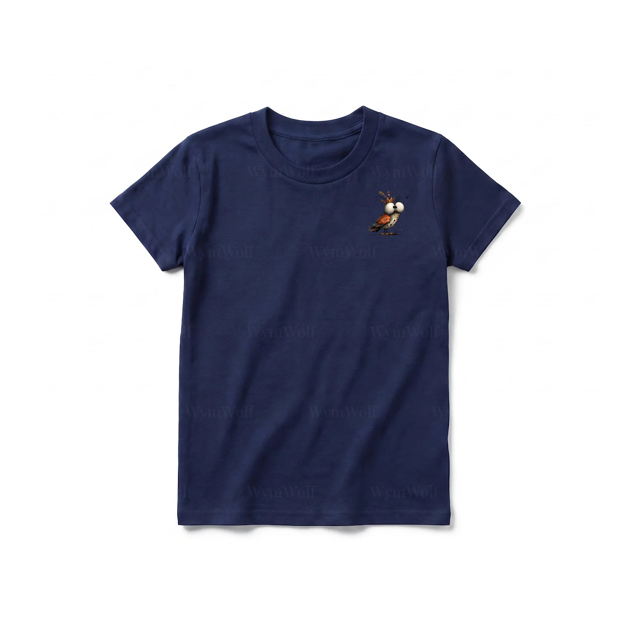 A navy short-sleeve crewneck t-shirt for youth featuring a graphic of a quirky bird on the left chest.