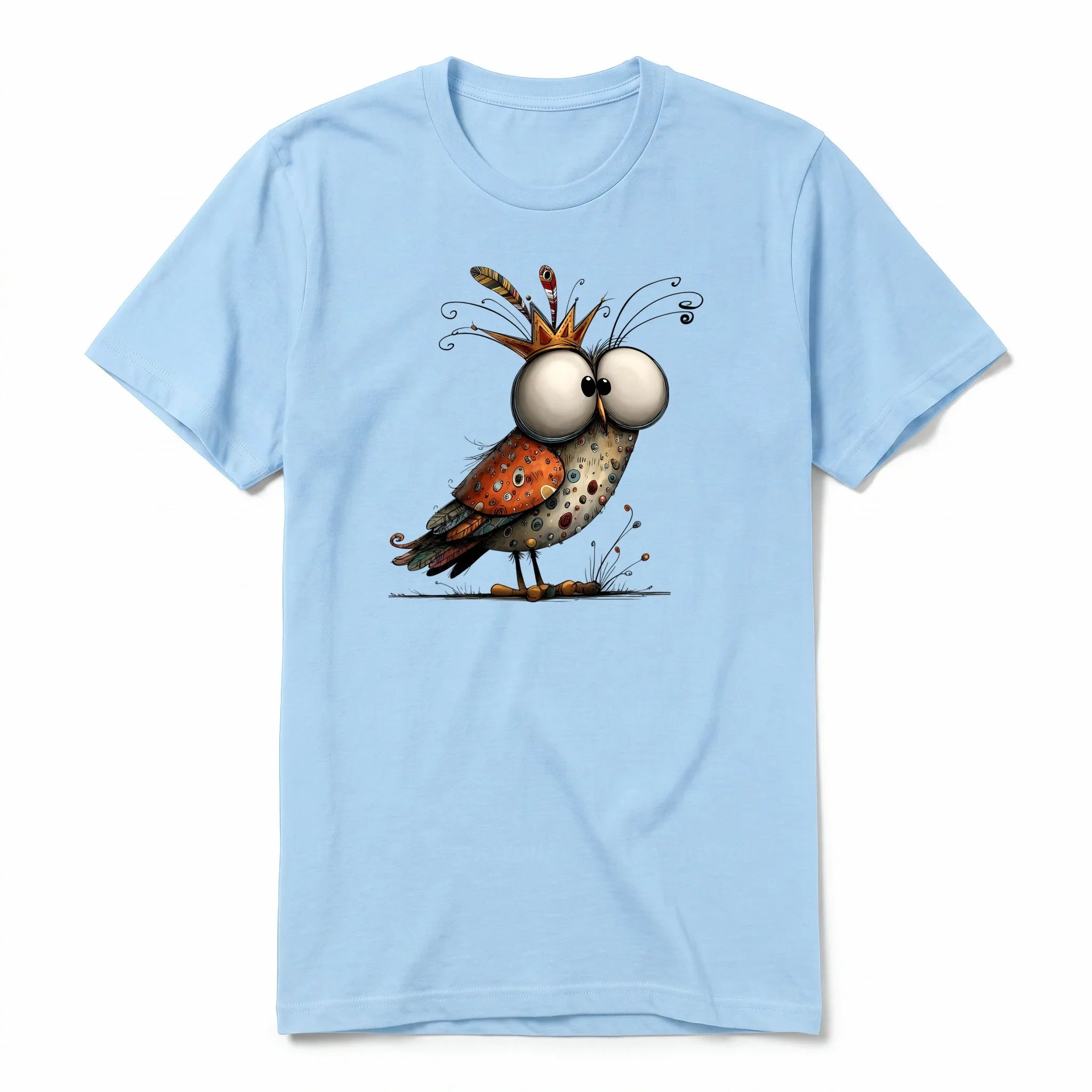 Un T-shirt poudre à manches courtes et col rond, orné d'un motif représentant un oiseau excentrique sur le devant.