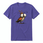 A purple short-sleeve crewneck t-shirt for adult featuring a graphic of a quirky bird on the front.