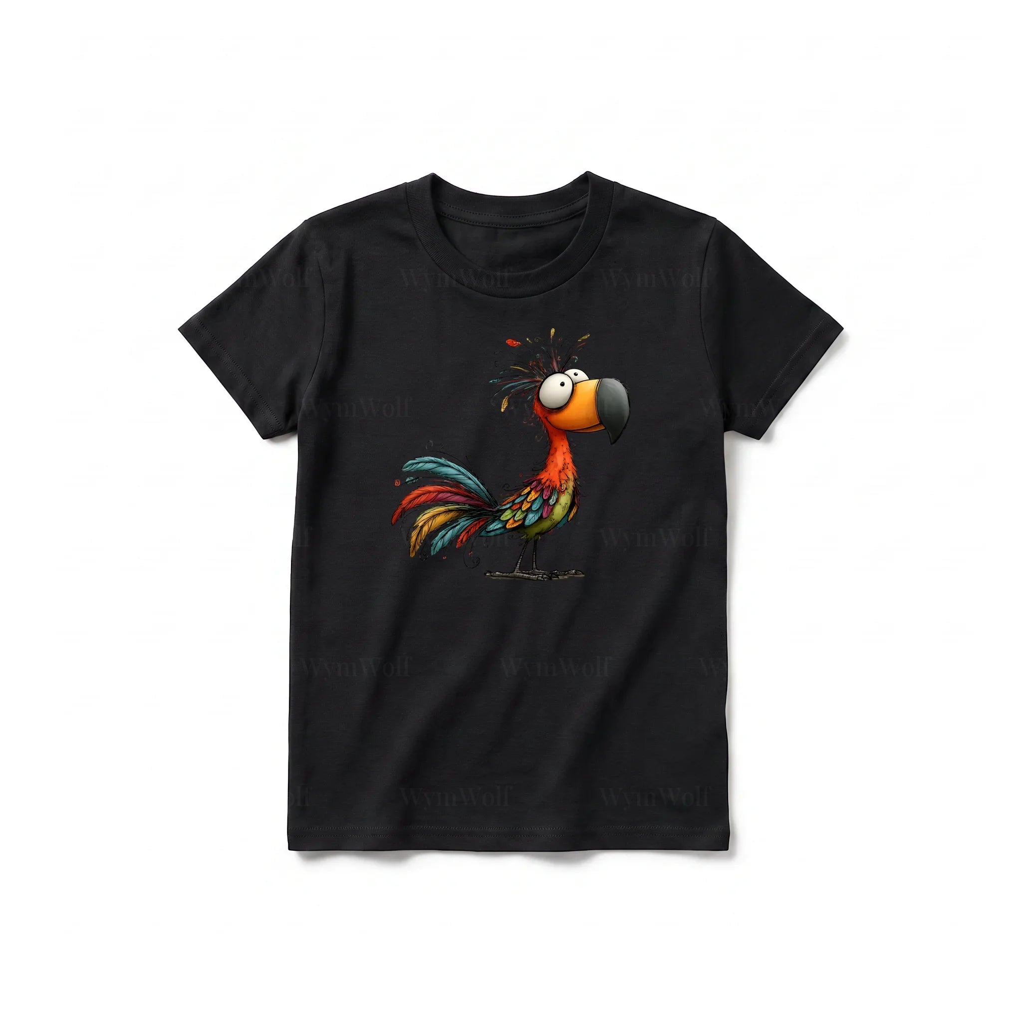 Un T-shirt noir à manches courtes et col rond pour jeune, orné d'un motif représentant un oiseau excentrique sur le devant.