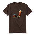 A chocolate short-sleeve crewneck t-shirt for adult featuring a graphic of a quirky bird on the front.