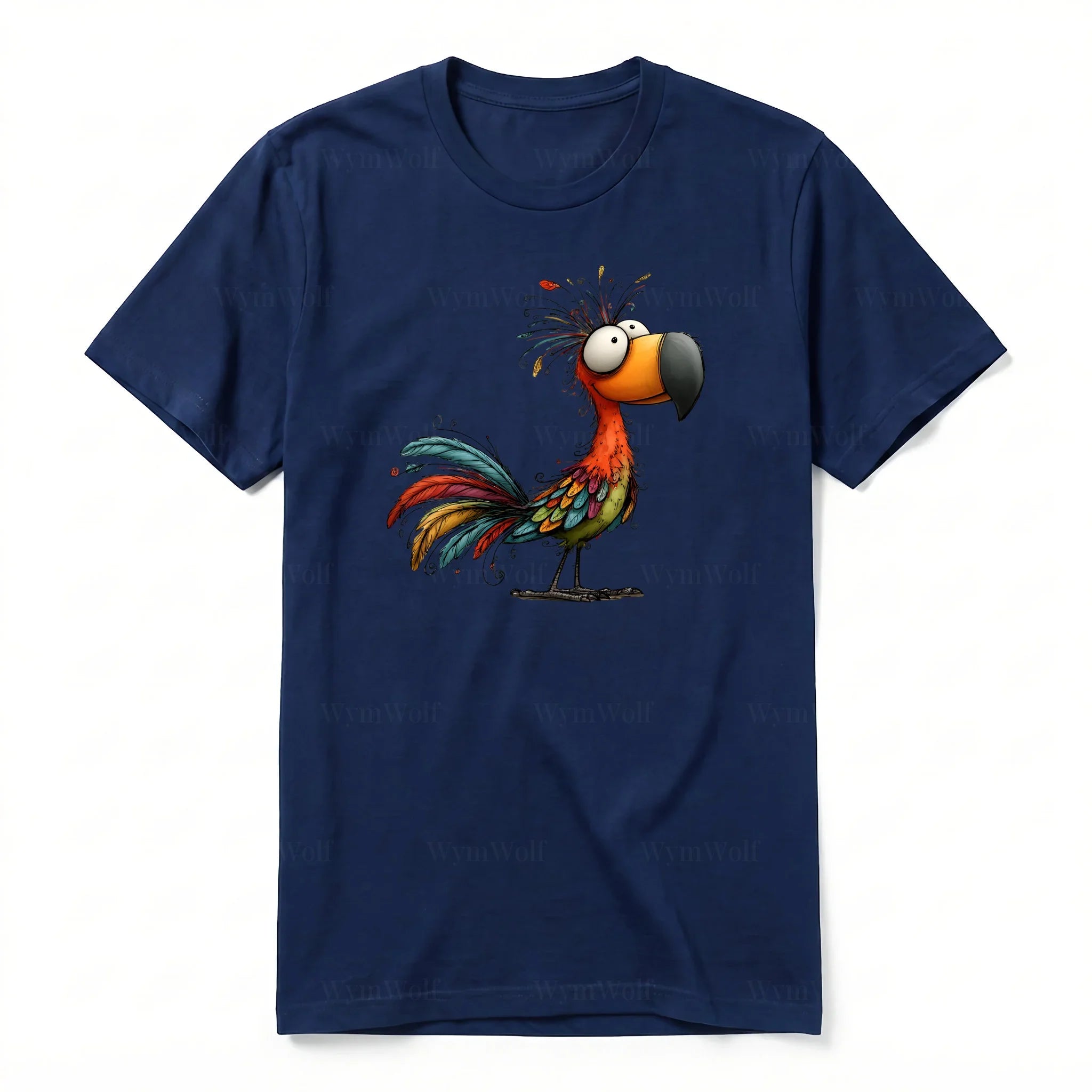 Un T-shirt marine à manches courtes et col rond, orné d'un motif représentant un oiseau excentrique sur le devant.