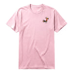 A pink short-sleeve crewneck t-shirt for adult featuring a graphic of a quirky bird on the left chest.