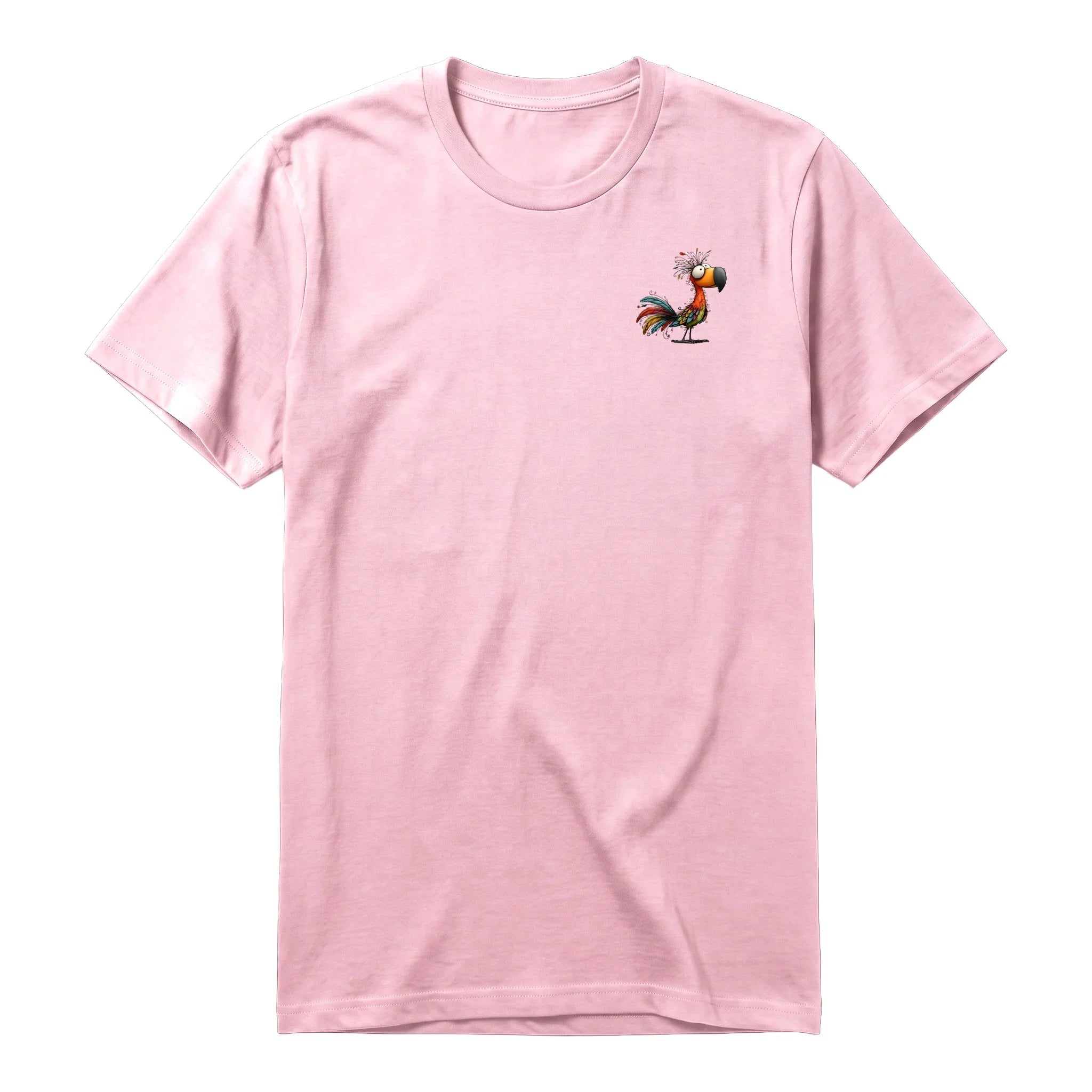 A pink short-sleeve crewneck t-shirt for adult featuring a graphic of a quirky bird on the left chest.