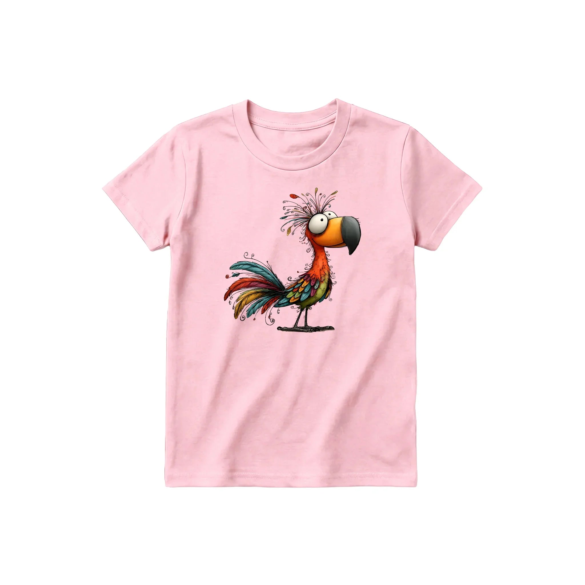 A pink short-sleeve crewneck t-shirt for youth featuring a graphic of a quirky bird on the front.