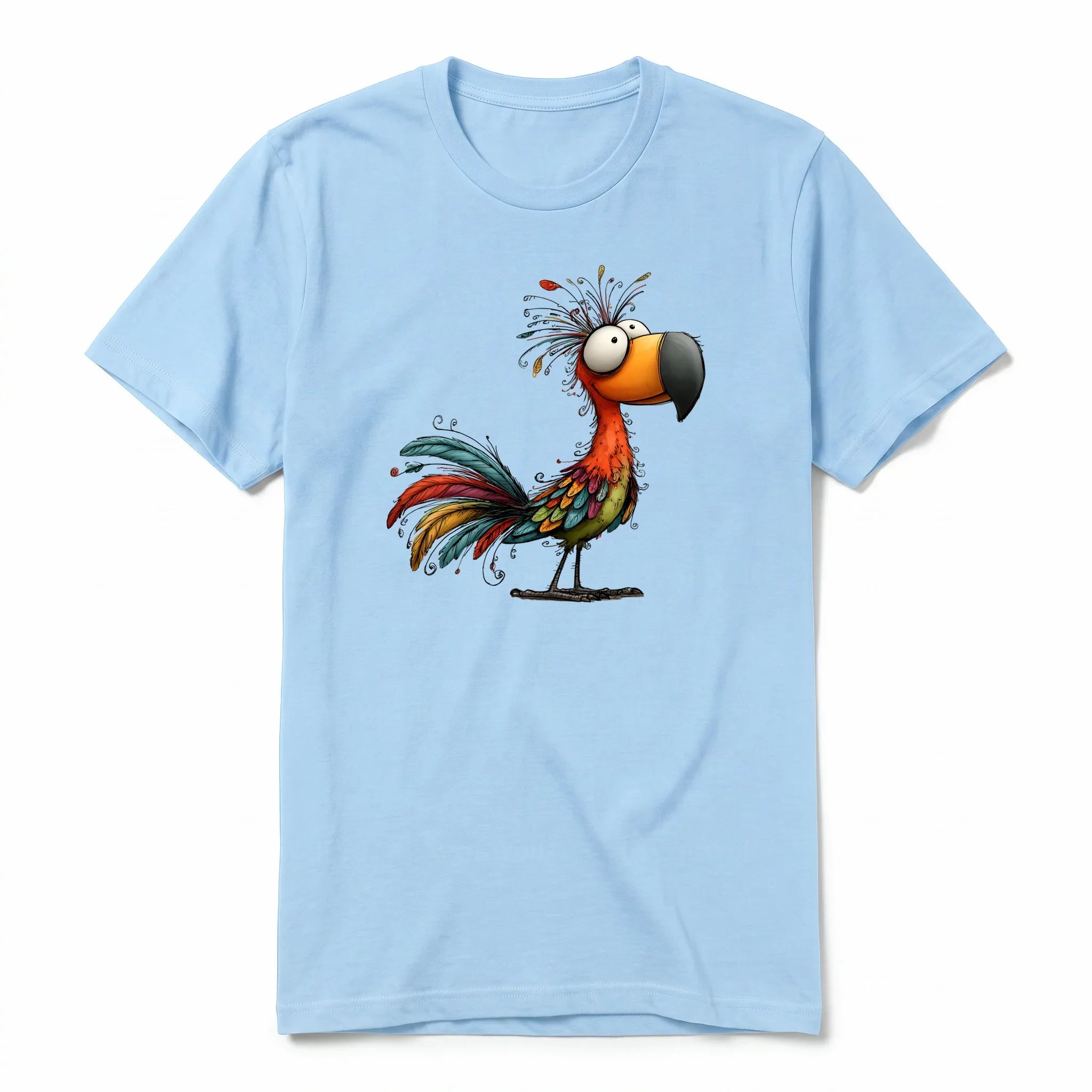 Un T-shirt poudre à manches courtes et col rond, orné d'un motif représentant un oiseau excentrique sur le devant.