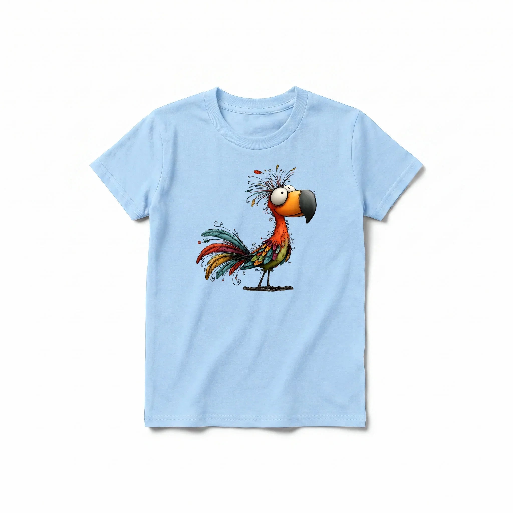 Un T-shirt poudre à manches courtes et col rond pour jeune, orné d'un motif représentant un oiseau excentrique sur le devant.