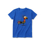 A royal short-sleeve crewneck t-shirt for youth featuring a graphic of a quirky bird on the front.
