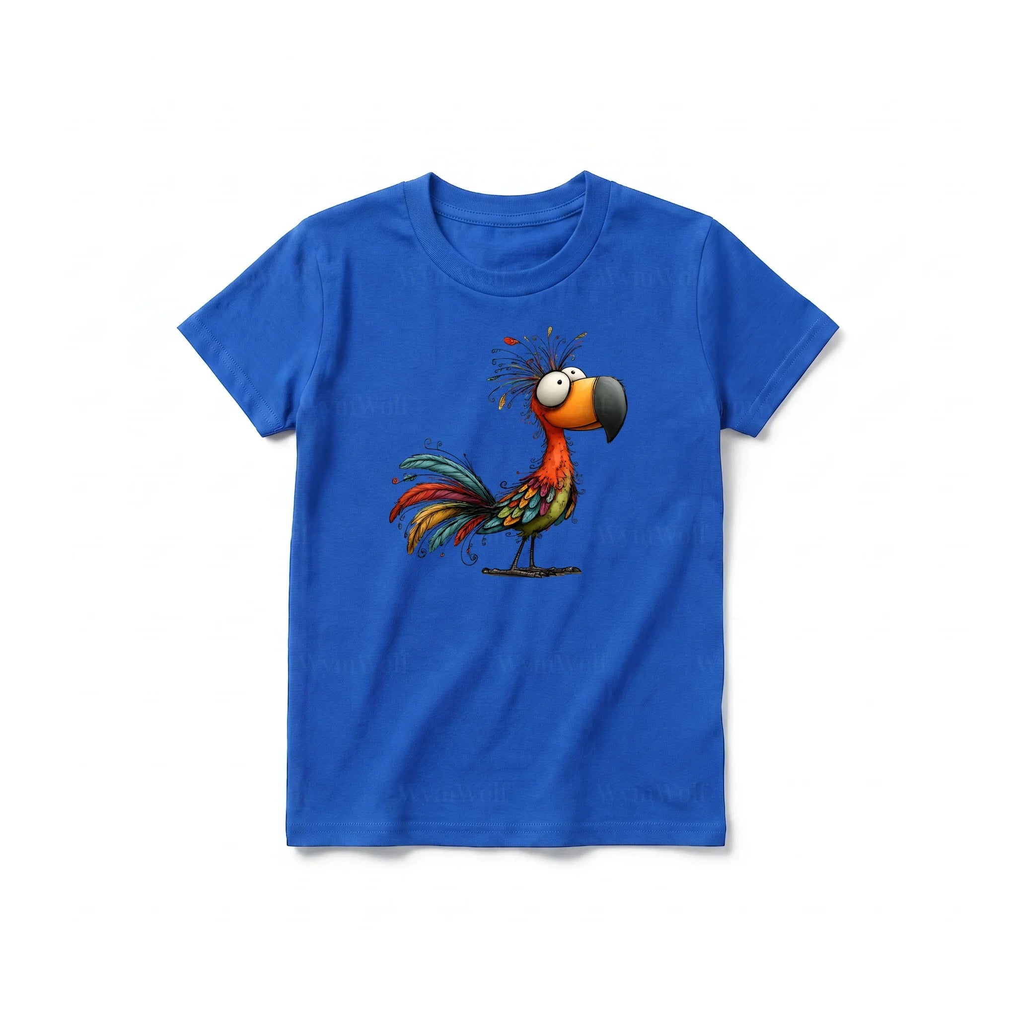 A royal short-sleeve crewneck t-shirt for youth featuring a graphic of a quirky bird on the front.