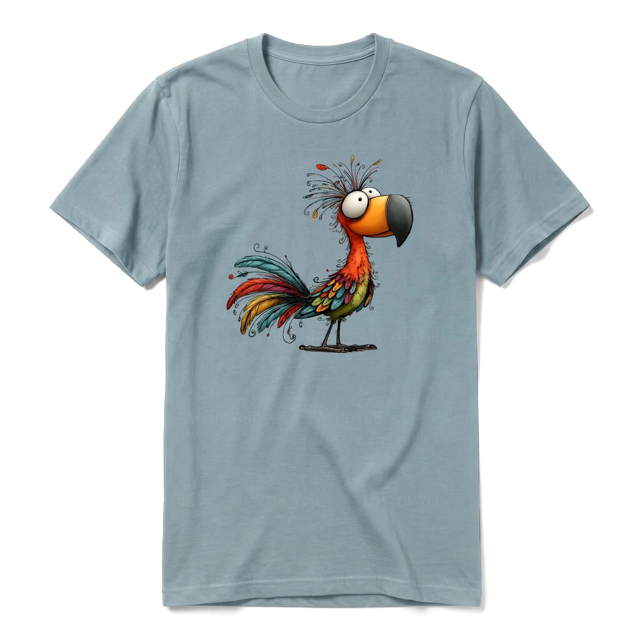 A sage short-sleeve crewneck t-shirt for adult featuring a graphic of a quirky bird on the front.