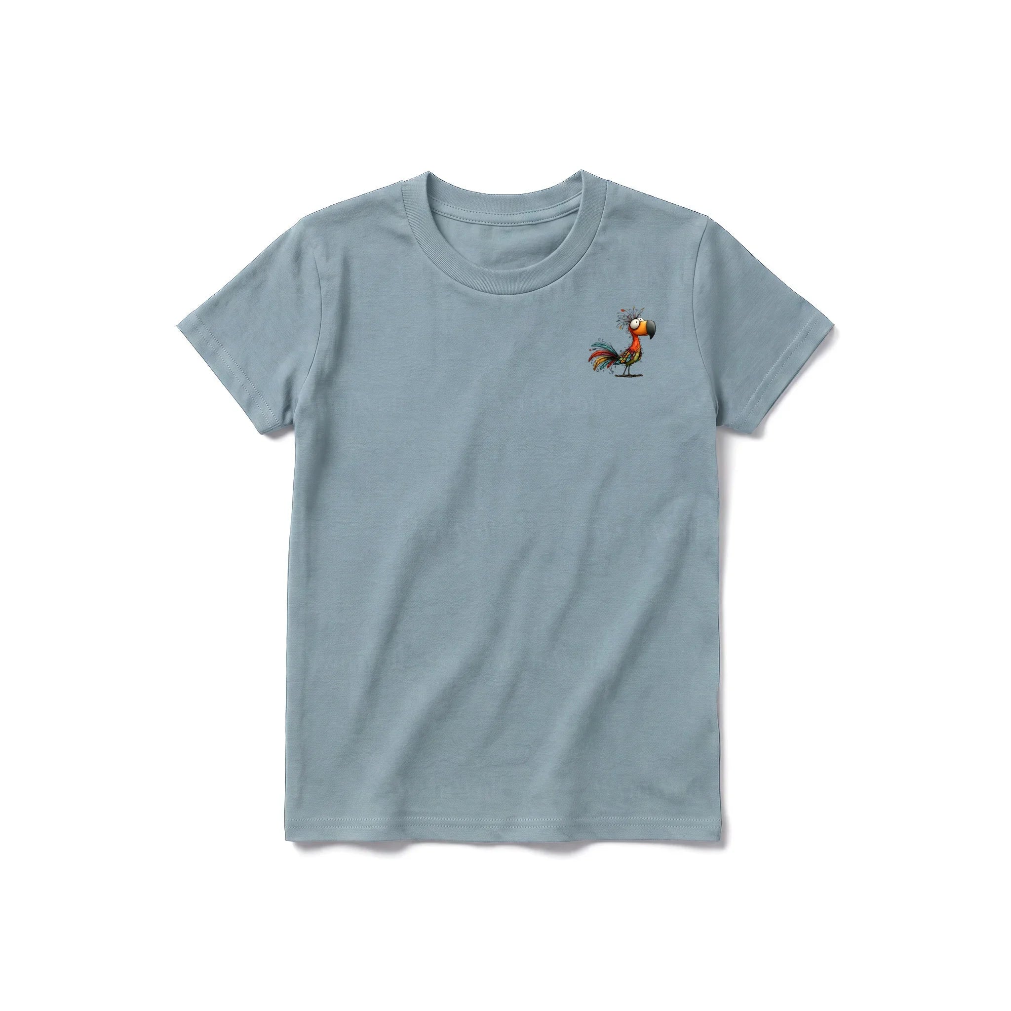 A sage short-sleeve crewneck t-shirt for youth featuring a graphic of a quirky bird on the left chest.