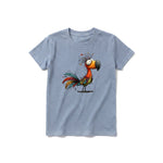 Un T-shirt steel-blue à manches courtes et col rond pour jeune, orné d'un motif représentant un oiseau excentrique sur le devant.
