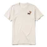A vintage-white short-sleeve crewneck t-shirt for adult featuring a graphic of a quirky bird on the left chest.